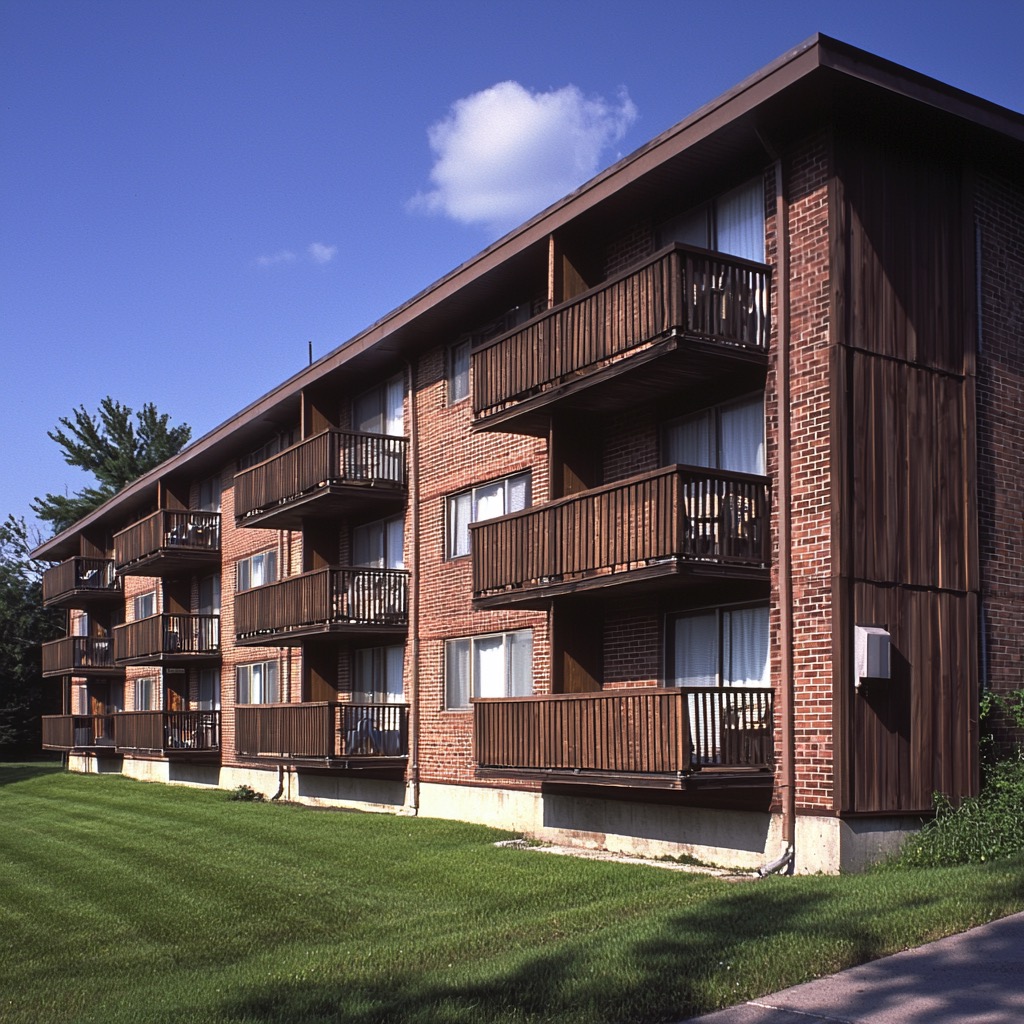 Traditional brick apartment building with wooden balconies and a grassy lawn